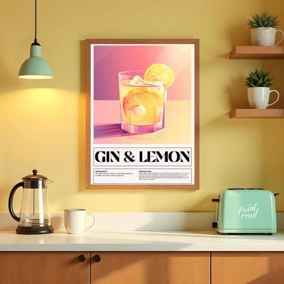 This elegant poster highlights a classic Gin & Lemon cocktail, presented with a clean and sophistic… for kitchen