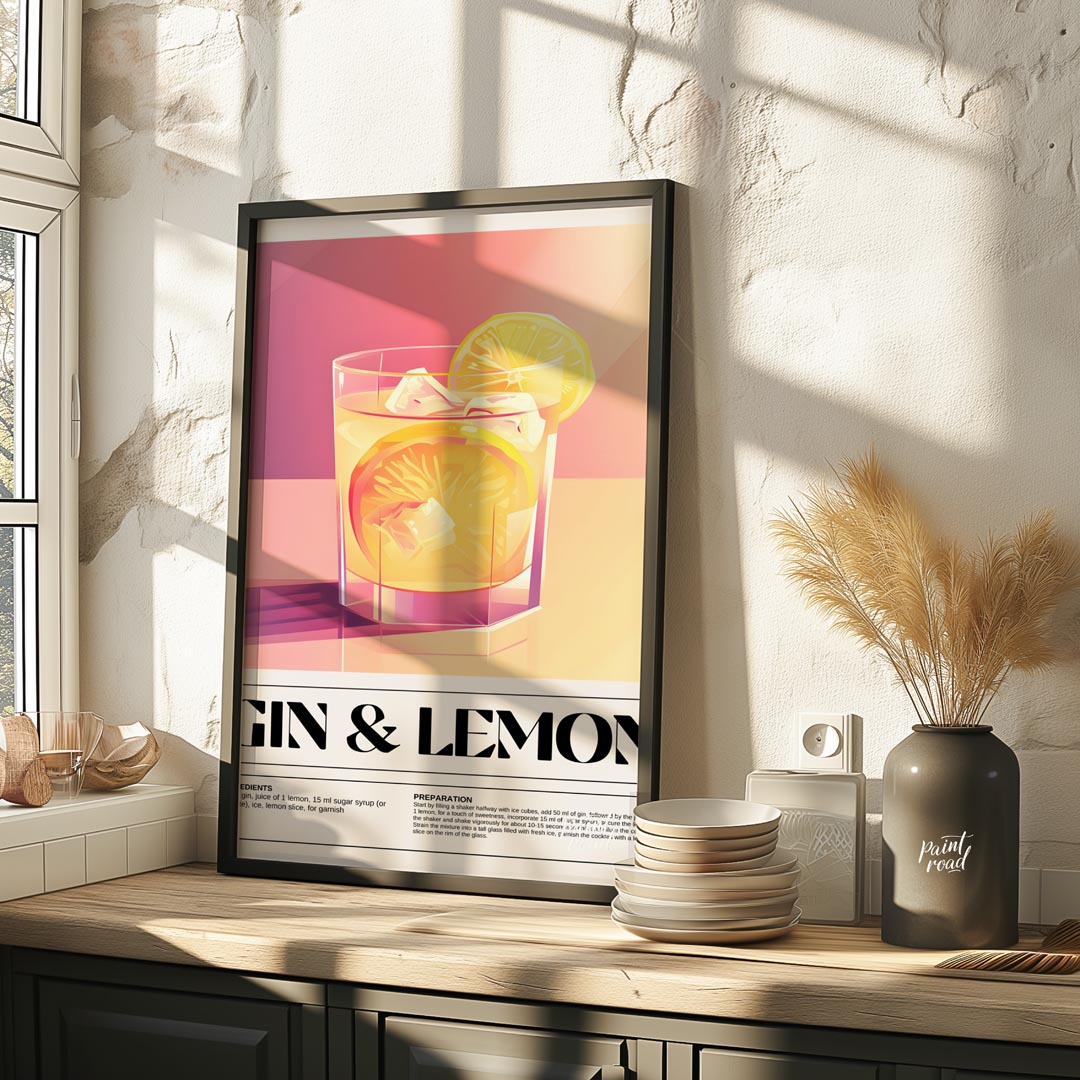 This elegant poster highlights a classic Gin & Lemon cocktail, presented with a clean and sophistic… for kitchen