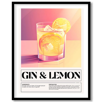 This elegant poster highlights a classic Gin & Lemon cocktail, presented with a clean and sophistic… for place
