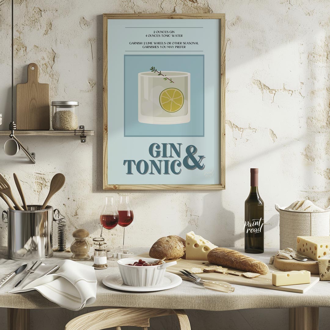 This refreshing poster presents a crisp illustration of a Gin & Tonic, set against a calming blue a… for kitchen