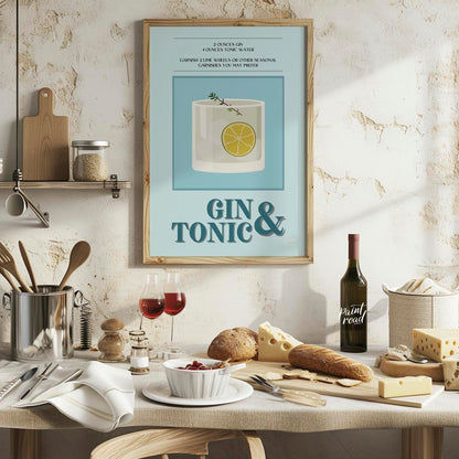 This refreshing poster presents a crisp illustration of a Gin & Tonic, set against a calming blue a… for kitchen