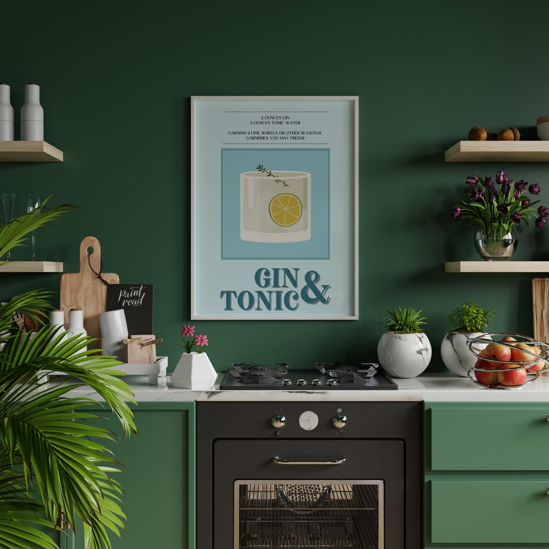 This refreshing poster presents a crisp illustration of a Gin & Tonic, set against a calming blue a… for kitchen