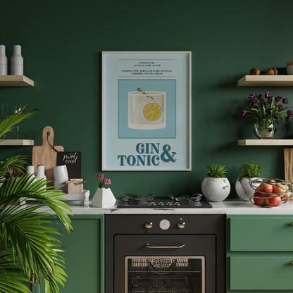 This refreshing poster presents a crisp illustration of a Gin & Tonic, set against a calming blue a… for kitchen