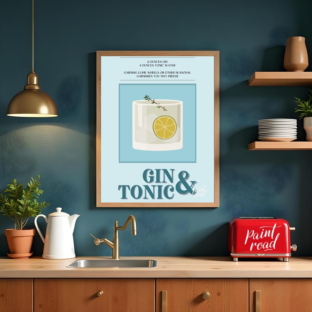 This refreshing poster presents a crisp illustration of a Gin & Tonic, set against a calming blue a… for kitchen