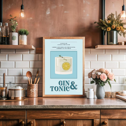 This refreshing poster presents a crisp illustration of a Gin & Tonic, set against a calming blue a… for kitchen