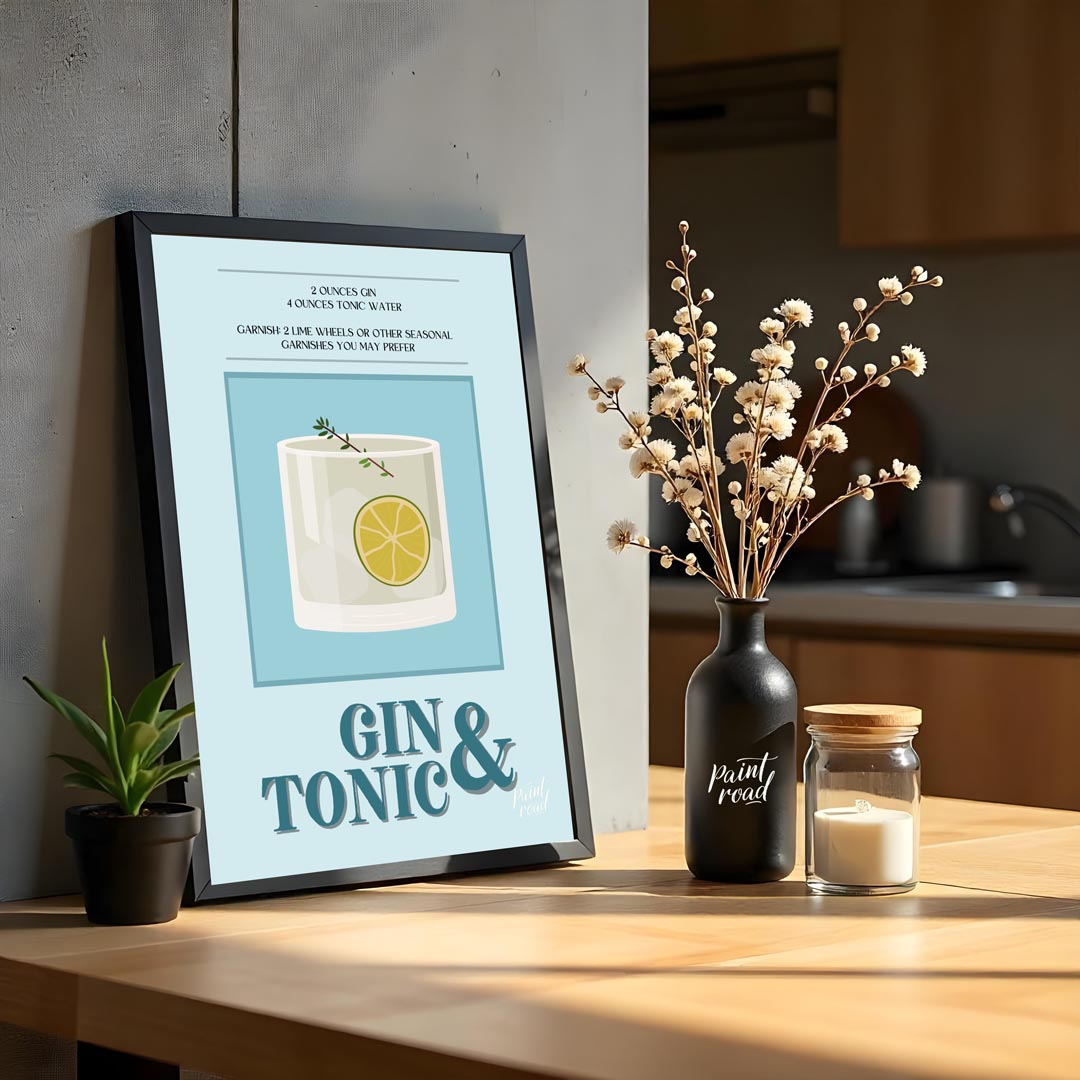 This refreshing poster presents a crisp illustration of a Gin & Tonic, set against a calming blue a… for kitchen