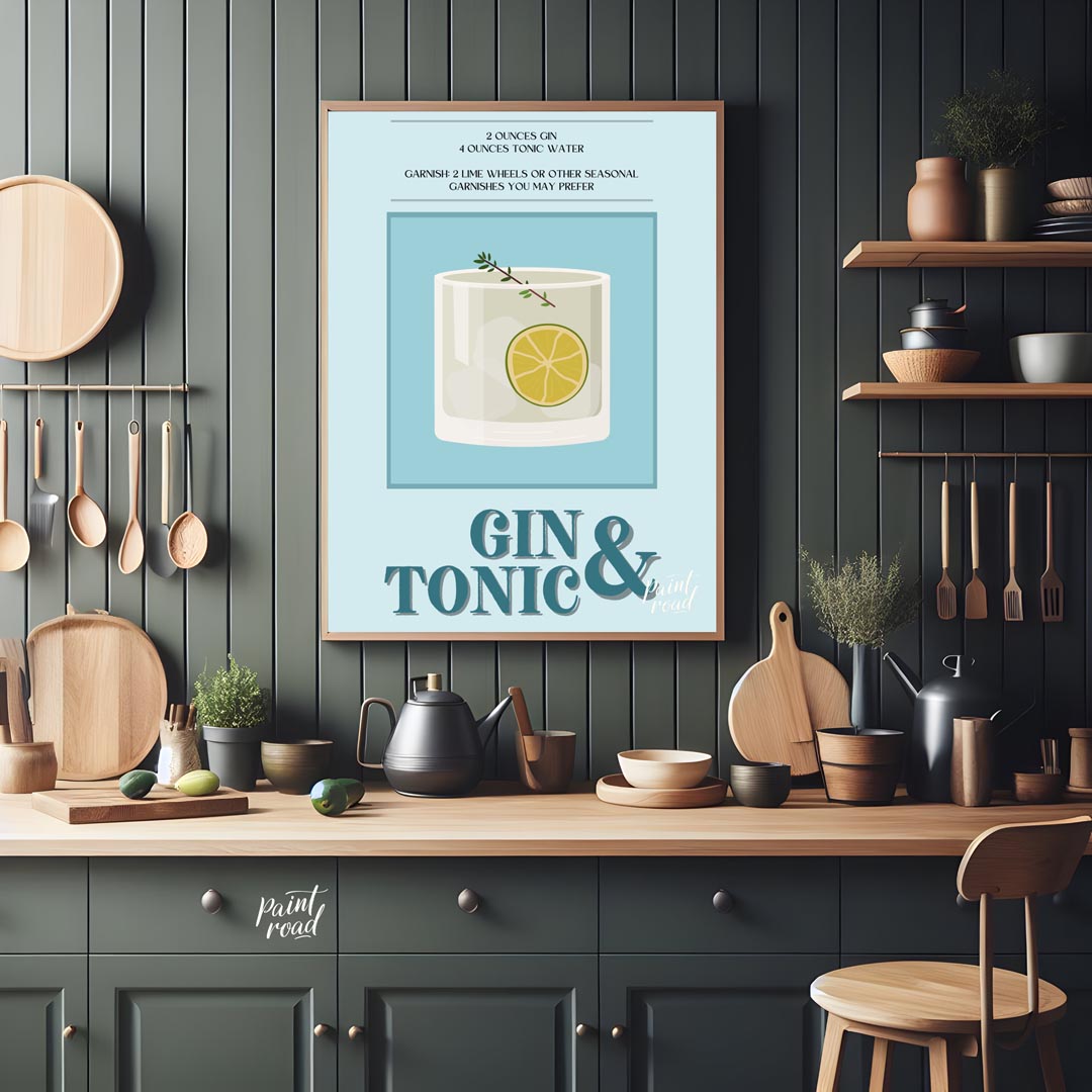 This refreshing poster presents a crisp illustration of a Gin & Tonic, set against a calming blue a… for kitchen