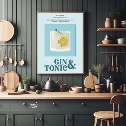 This refreshing poster presents a crisp illustration of a Gin & Tonic, set against a calming blue a… for kitchen