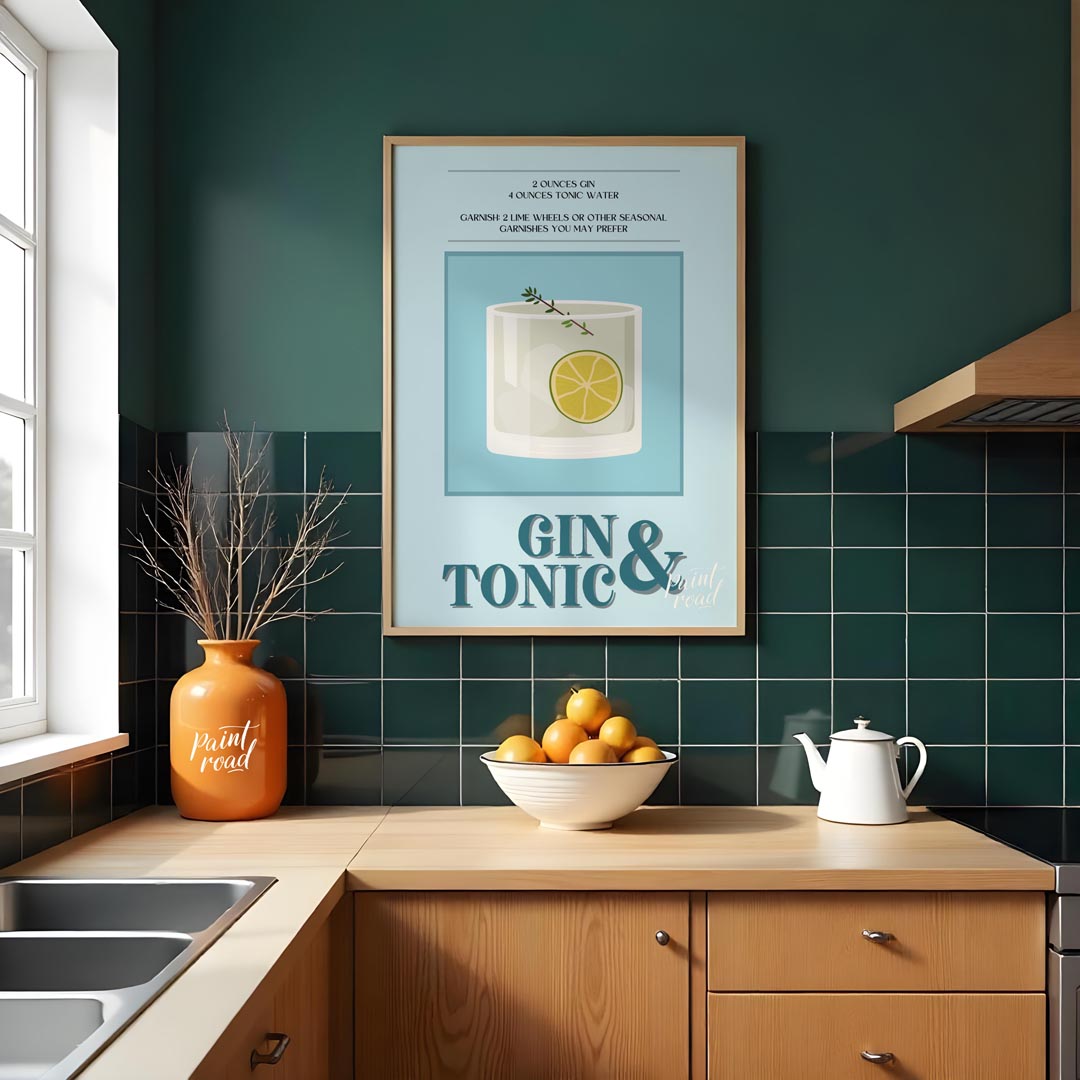 This refreshing poster presents a crisp illustration of a Gin & Tonic, set against a calming blue a… for kitchen