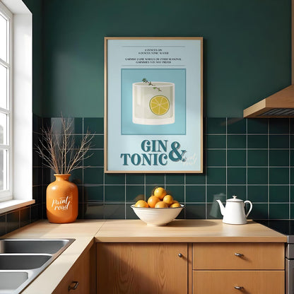This refreshing poster presents a crisp illustration of a Gin & Tonic, set against a calming blue a… for kitchen