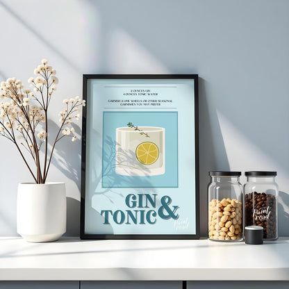 This refreshing poster presents a crisp illustration of a Gin & Tonic, set against a calming blue a… for kitchen