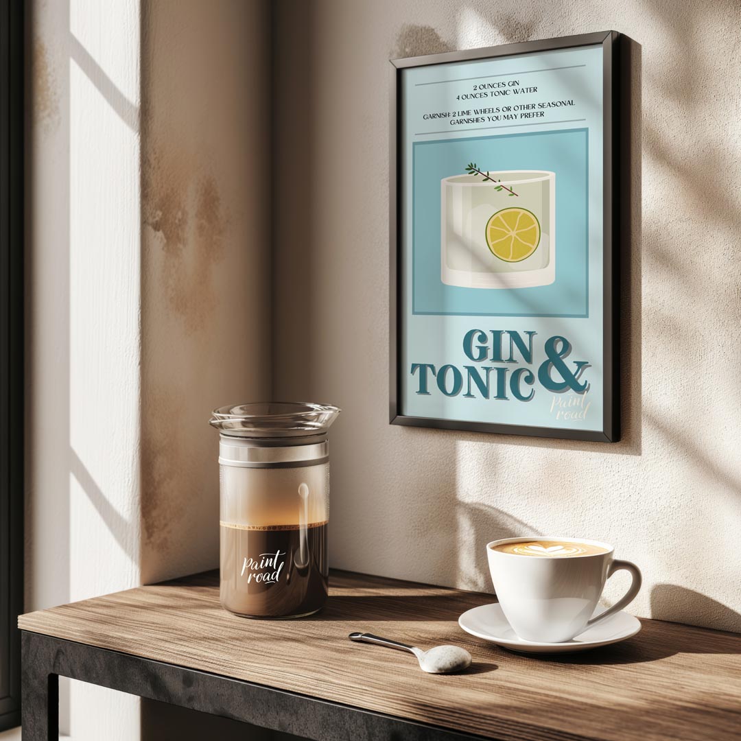This refreshing poster presents a crisp illustration of a Gin & Tonic, set against a calming blue a… for kitchen