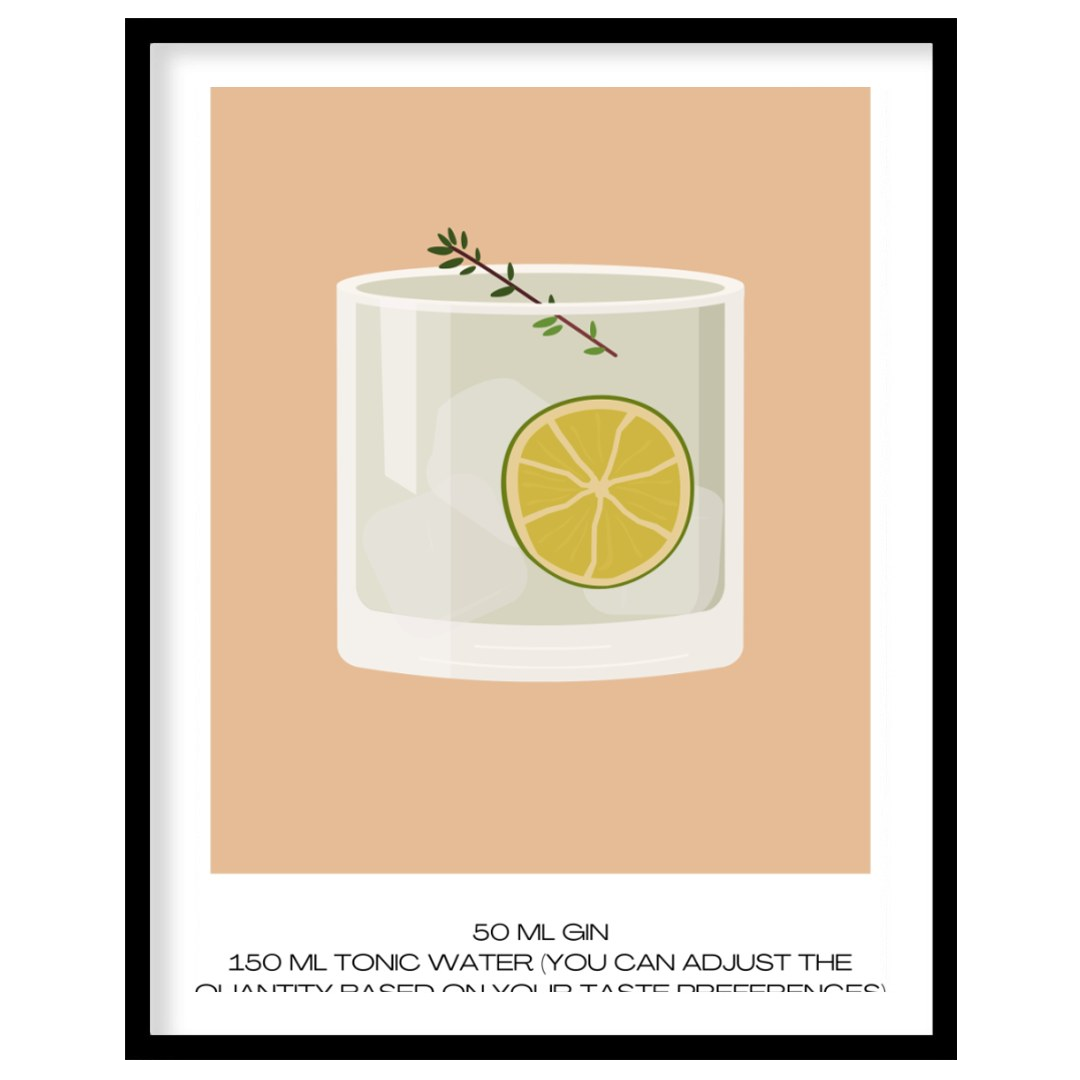 This minimalist poster offers a crisp and clean illustration of a classic Gin & Tonic. The drink is… for area
