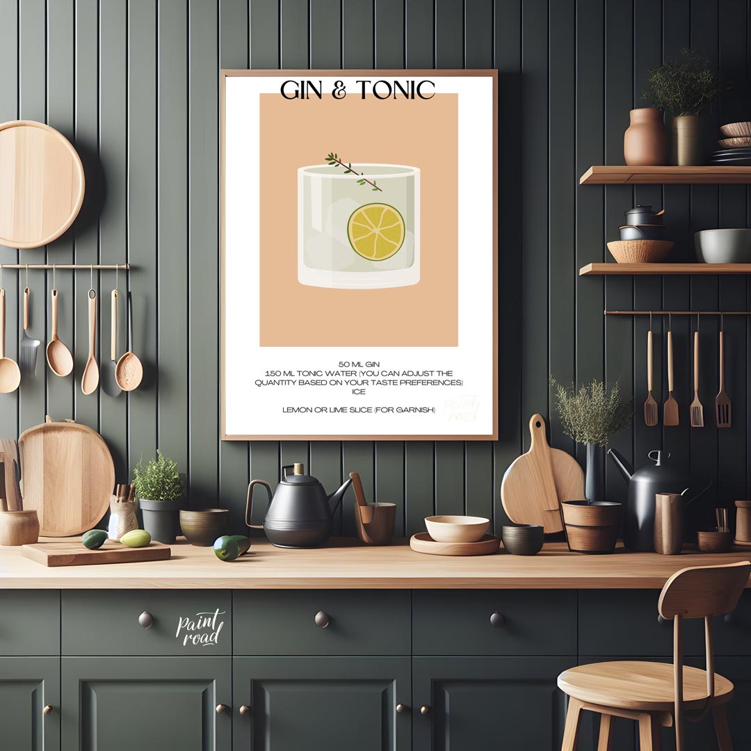 This minimalist poster offers a crisp and clean illustration of a classic Gin & Tonic. The drink is… for kitchen