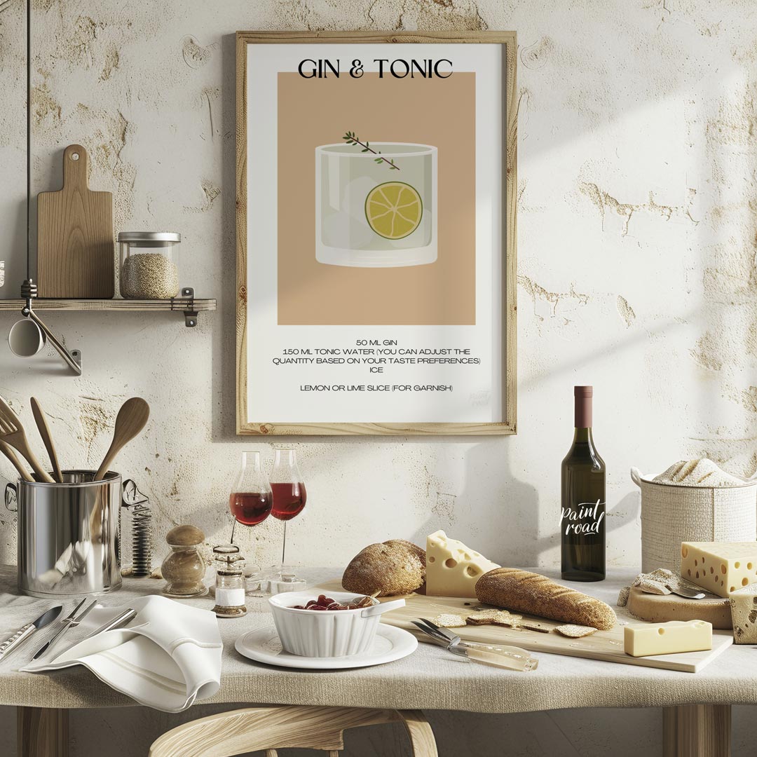 This minimalist poster offers a crisp and clean illustration of a classic Gin & Tonic. The drink is… for kitchen