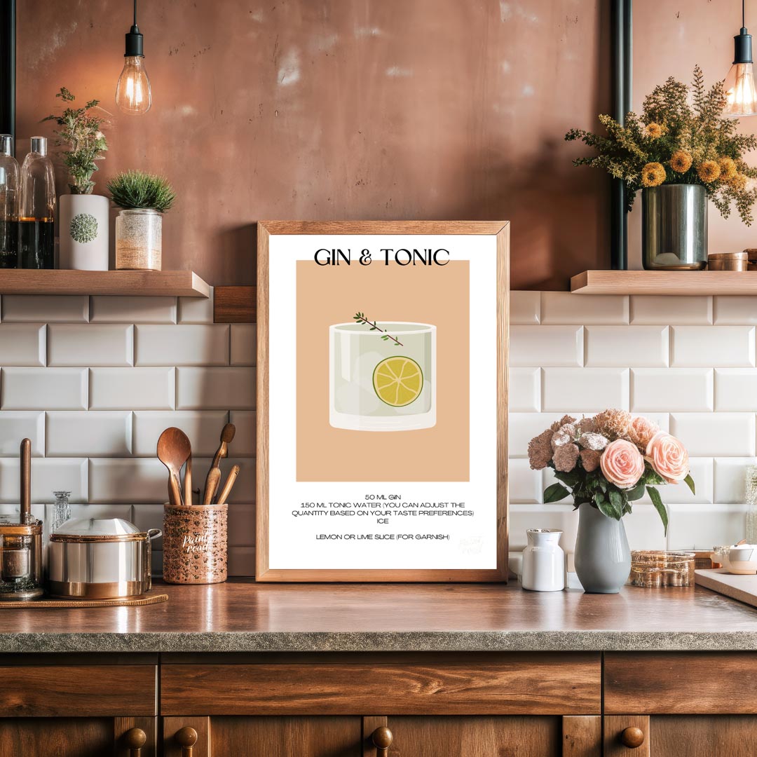 This minimalist poster offers a crisp and clean illustration of a classic Gin & Tonic. The drink is… for kitchen