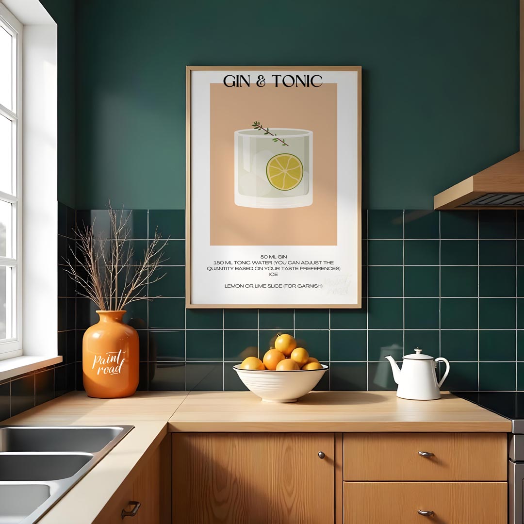 This minimalist poster offers a crisp and clean illustration of a classic Gin & Tonic. The drink is… for kitchen