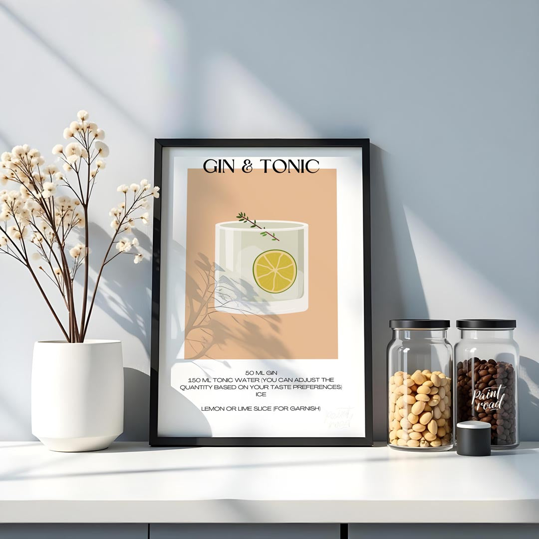This minimalist poster offers a crisp and clean illustration of a classic Gin & Tonic. The drink is… for kitchen