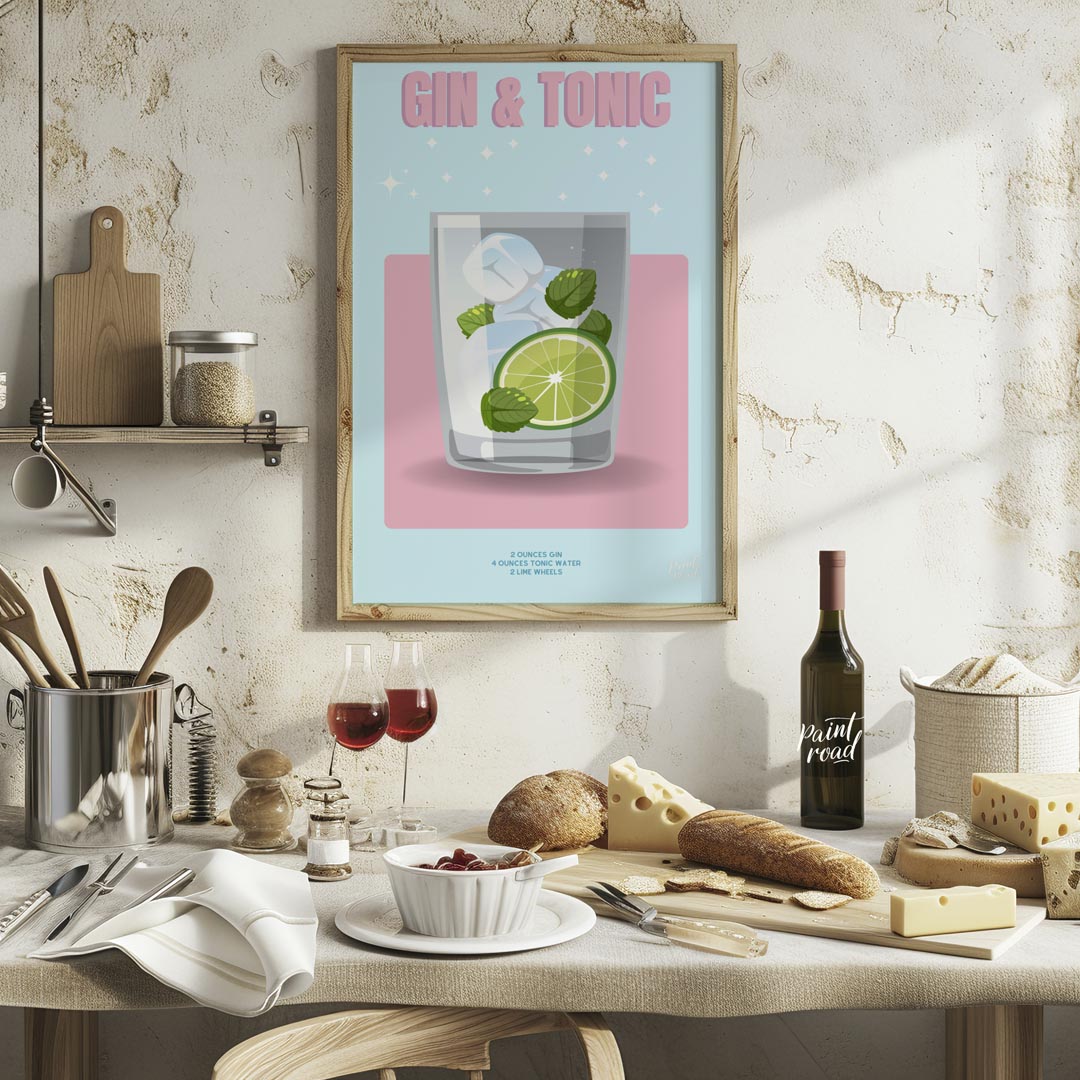 This bright and lively poster features a refreshing Gin & Tonic, rendered with a playful and sparkl… for kitchen