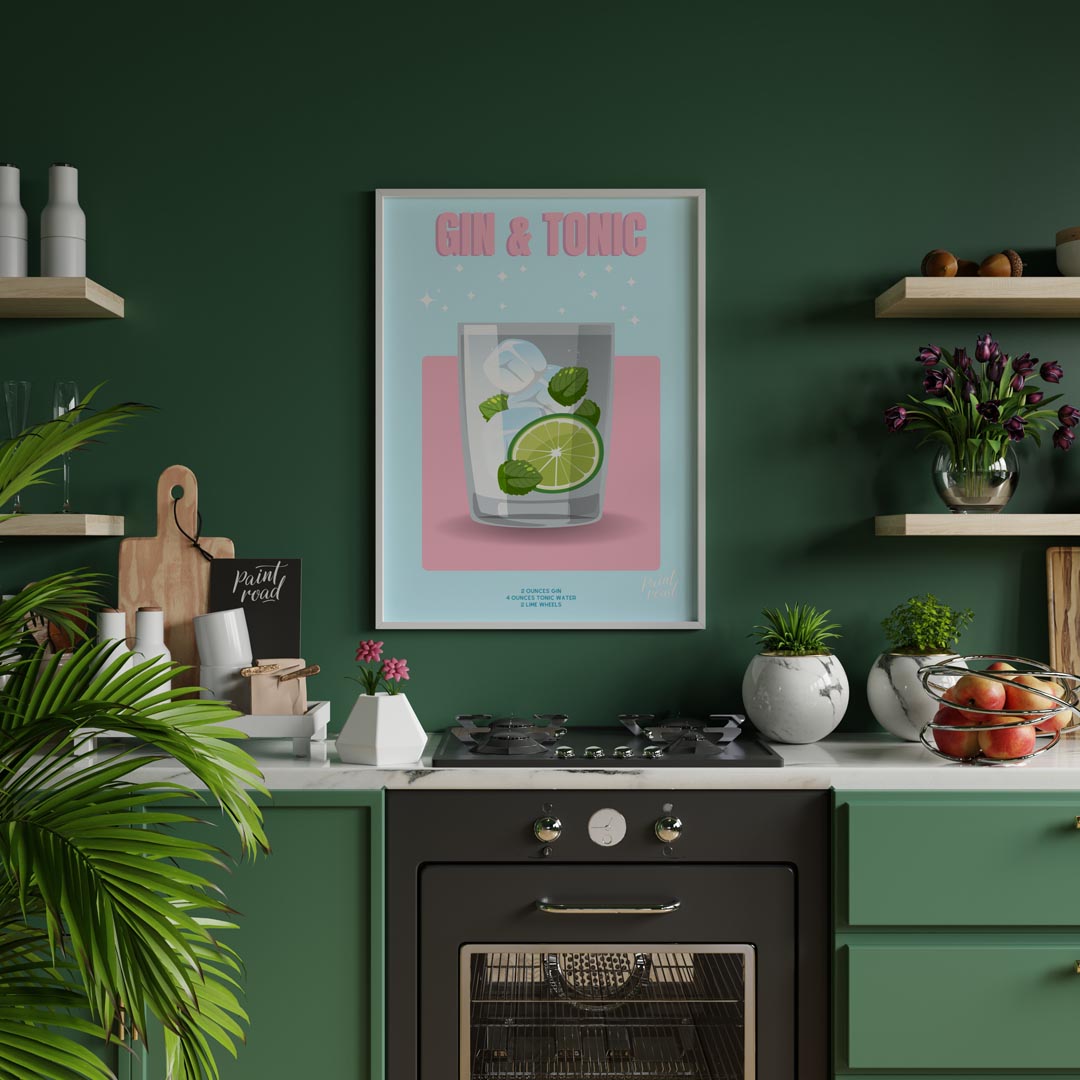 This bright and lively poster features a refreshing Gin & Tonic, rendered with a playful and sparkl… for kitchen