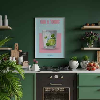 This bright and lively poster features a refreshing Gin & Tonic, rendered with a playful and sparkl… for kitchen