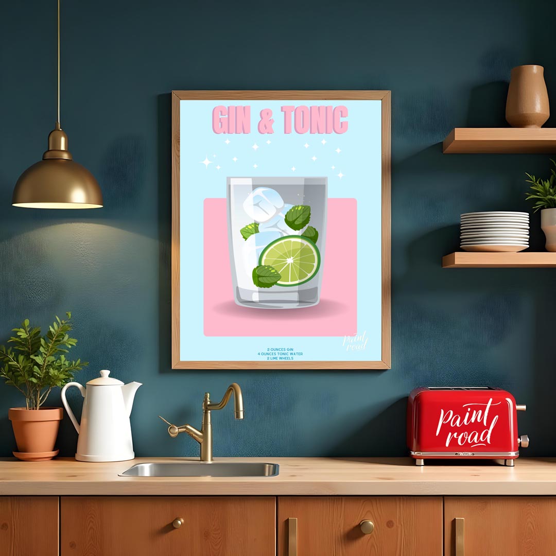 This bright and lively poster features a refreshing Gin & Tonic, rendered with a playful and sparkl… for kitchen
