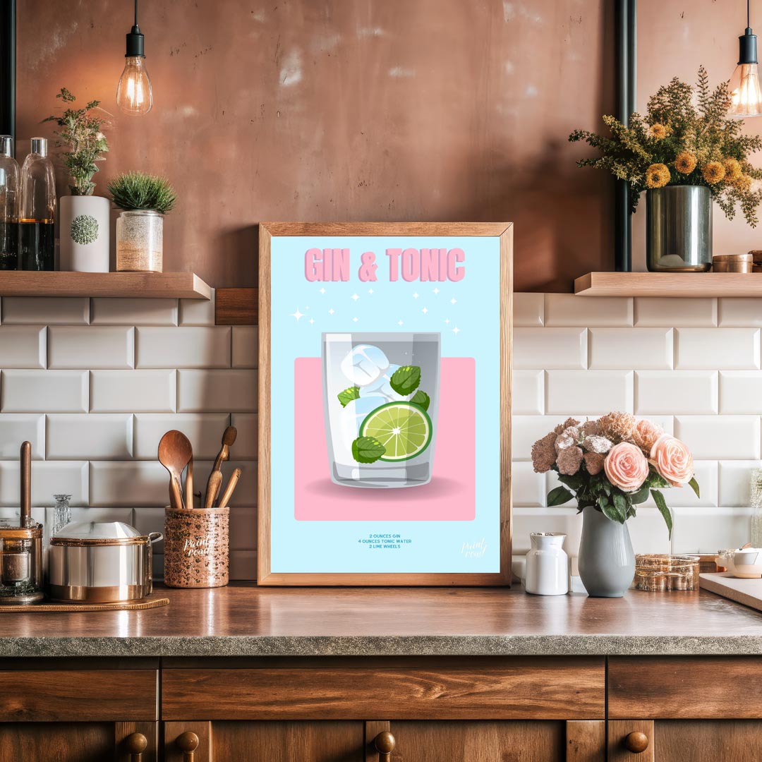 This bright and lively poster features a refreshing Gin & Tonic, rendered with a playful and sparkl… for kitchen