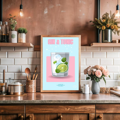 This bright and lively poster features a refreshing Gin & Tonic, rendered with a playful and sparkl… for kitchen