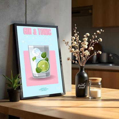 This bright and lively poster features a refreshing Gin & Tonic, rendered with a playful and sparkl… for kitchen