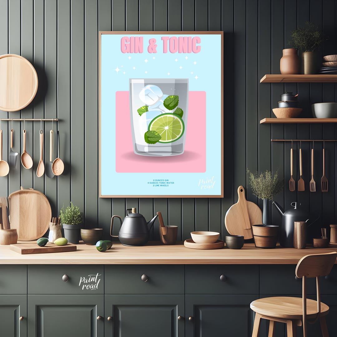This bright and lively poster features a refreshing Gin & Tonic, rendered with a playful and sparkl… for kitchen