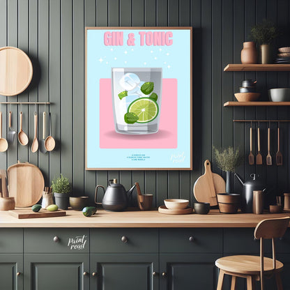 This bright and lively poster features a refreshing Gin & Tonic, rendered with a playful and sparkl… for kitchen
