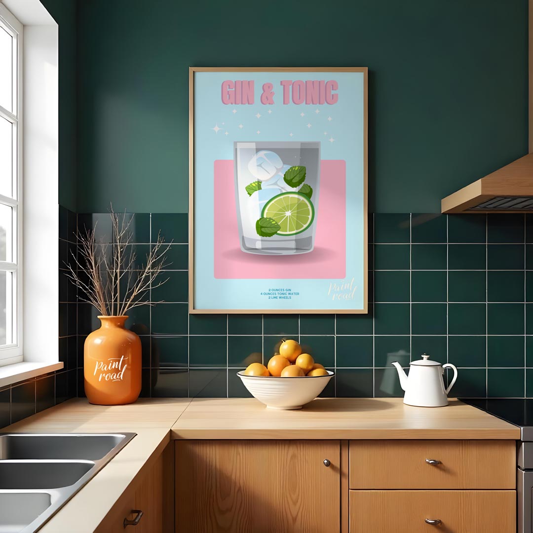 This bright and lively poster features a refreshing Gin & Tonic, rendered with a playful and sparkl… for kitchen