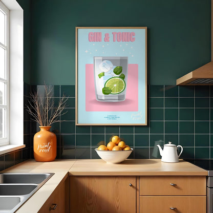 This bright and lively poster features a refreshing Gin & Tonic, rendered with a playful and sparkl… for kitchen