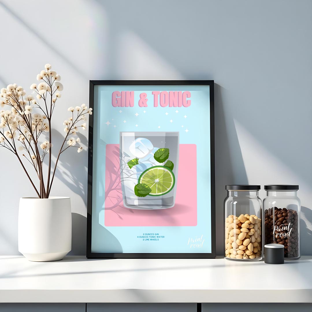 This bright and lively poster features a refreshing Gin & Tonic, rendered with a playful and sparkl… for kitchen