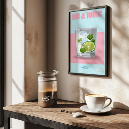 This bright and lively poster features a refreshing Gin & Tonic, rendered with a playful and sparkl… for kitchen