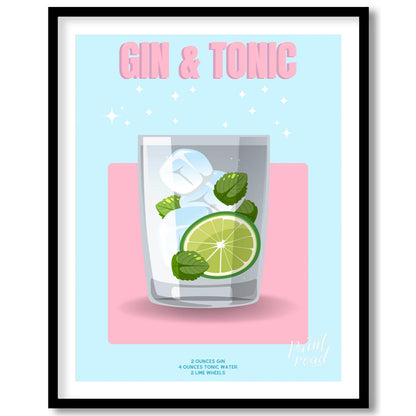 This bright and lively poster features a refreshing Gin & Tonic, rendered with a playful and sparkl… for space