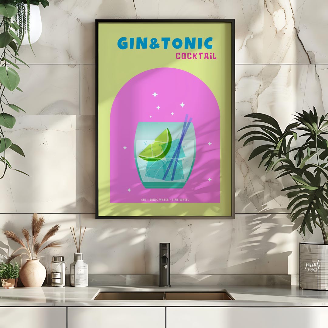 This refreshing and modern poster features a crisp Gin & Tonic, presented with a clean and vibrant … for kitchen