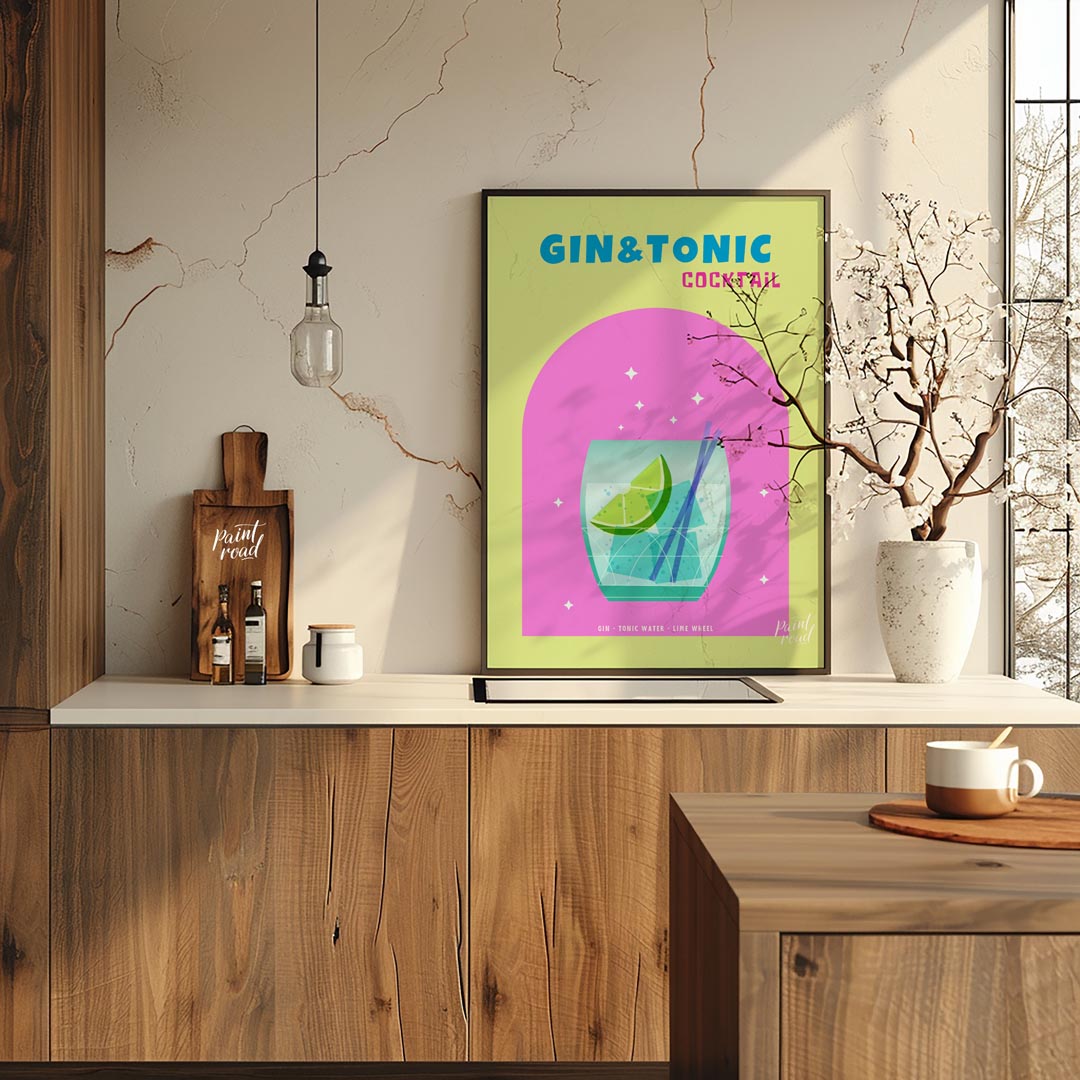 This refreshing and modern poster features a crisp Gin & Tonic, presented with a clean and vibrant … for kitchen