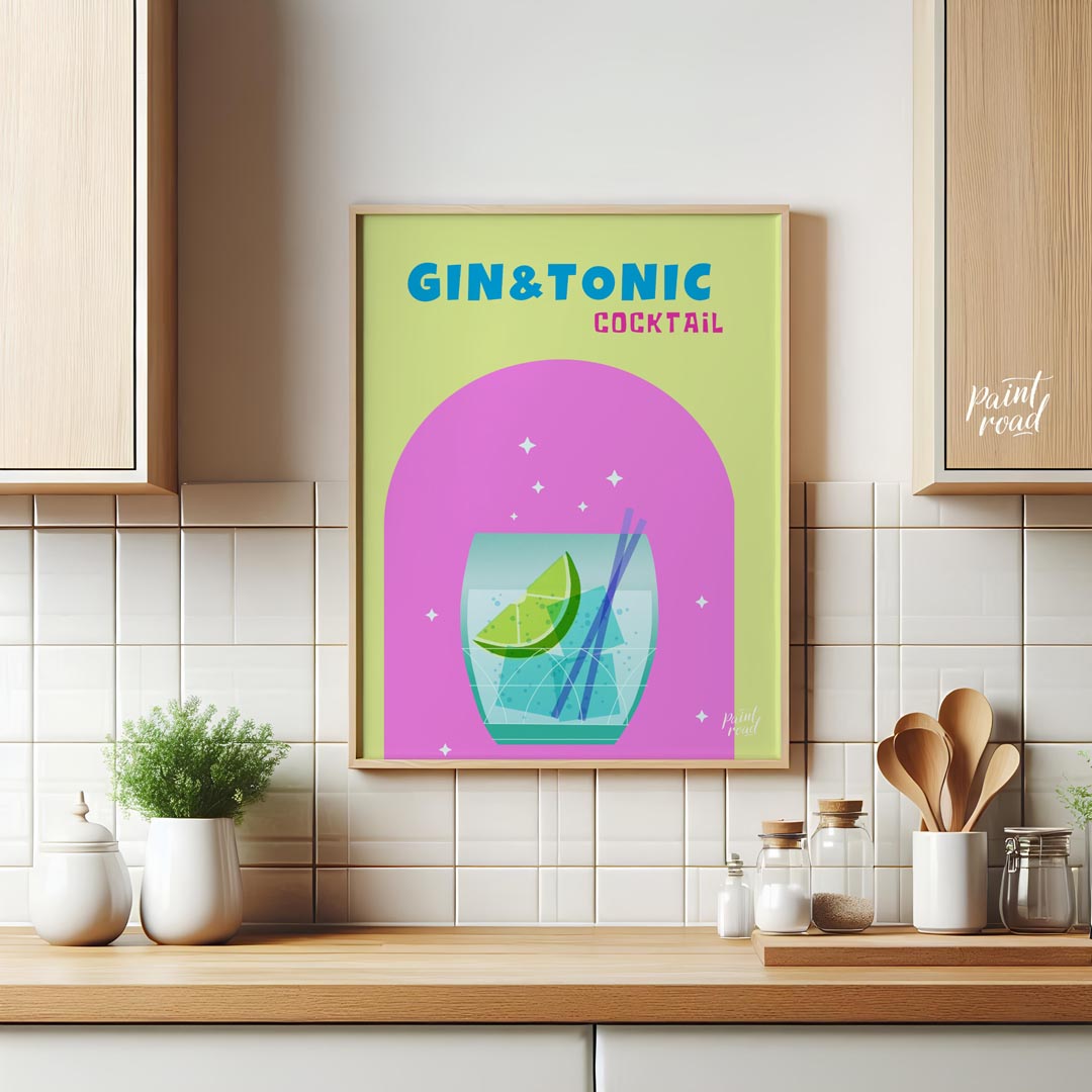 This refreshing and modern poster features a crisp Gin & Tonic, presented with a clean and vibrant … for kitchen