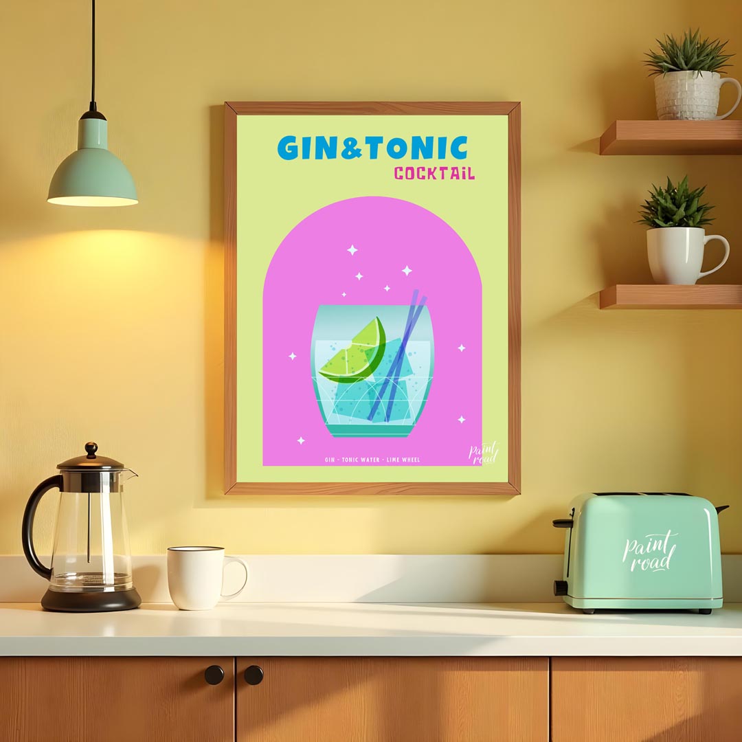 This refreshing and modern poster features a crisp Gin & Tonic, presented with a clean and vibrant … for kitchen