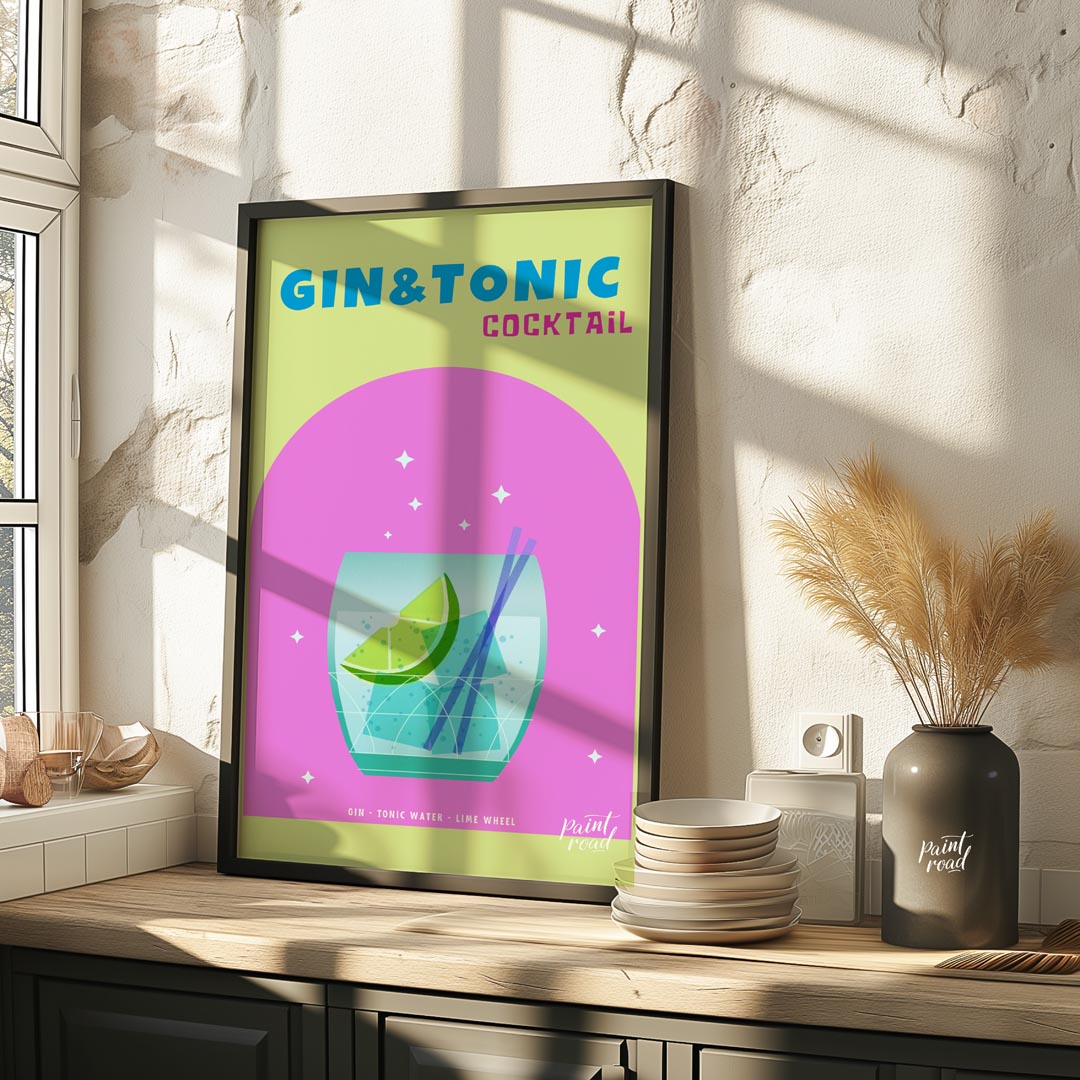 This refreshing and modern poster features a crisp Gin & Tonic, presented with a clean and vibrant … for kitchen