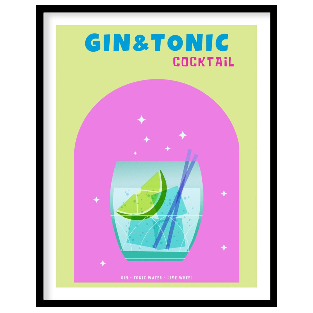 This refreshing and modern poster features a crisp Gin & Tonic, presented with a clean and vibrant … for place