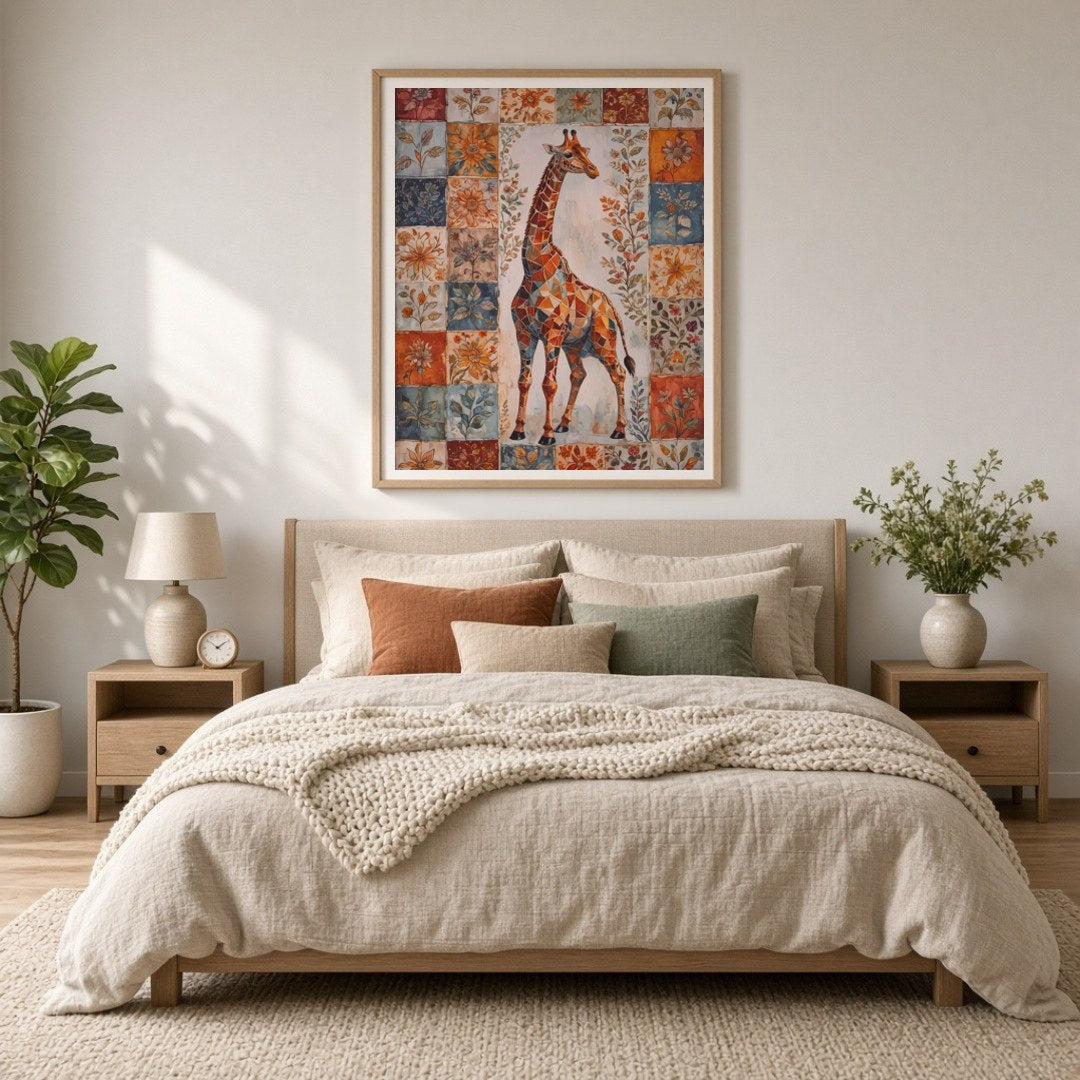 This captivating artwork features a majestic giraffe set against a vibrant backdrop of floral for Bedroom