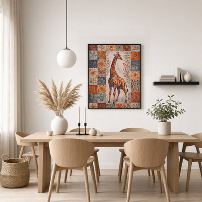 This captivating artwork features a majestic giraffe set against a vibrant backdrop of floral for Dining