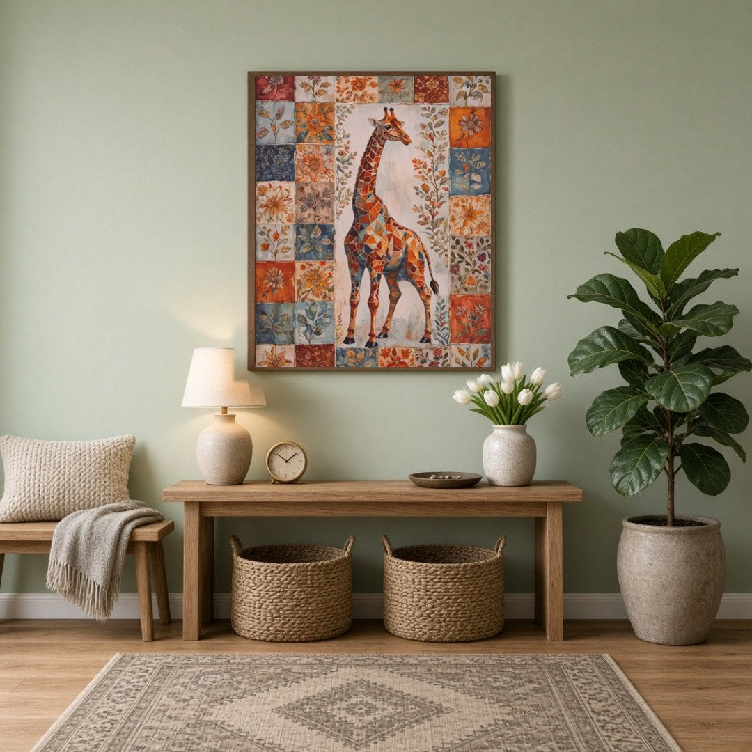 This captivating artwork features a majestic giraffe set against a vibrant backdrop of floral for Entrance
