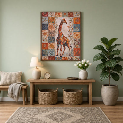 This captivating artwork features a majestic giraffe set against a vibrant backdrop of floral for Entrance