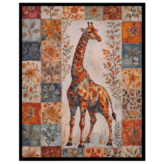 This captivating artwork features a majestic giraffe set against a vibrant backdrop of floral for haven