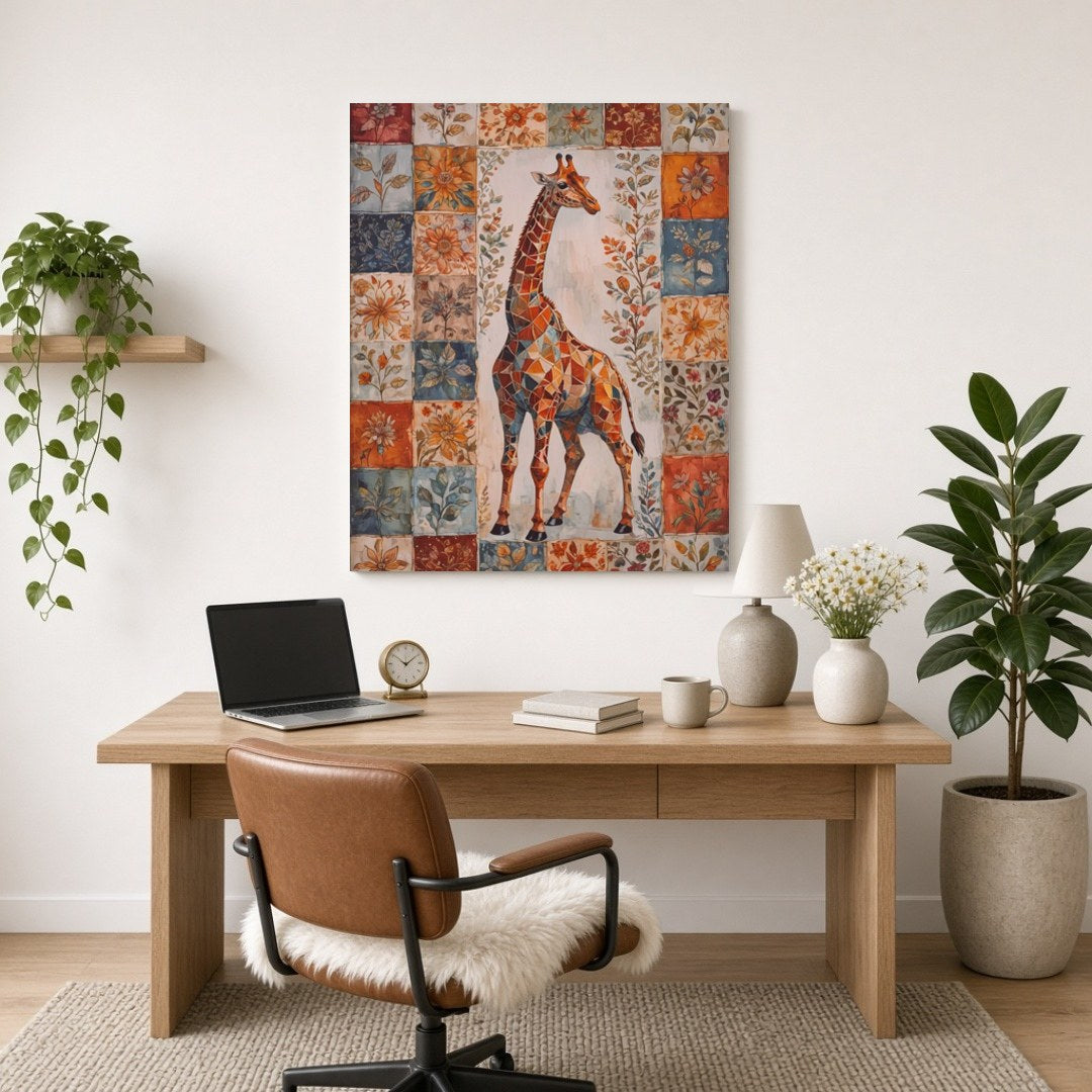 This captivating artwork features a majestic giraffe set against a vibrant backdrop of floral for Home Office