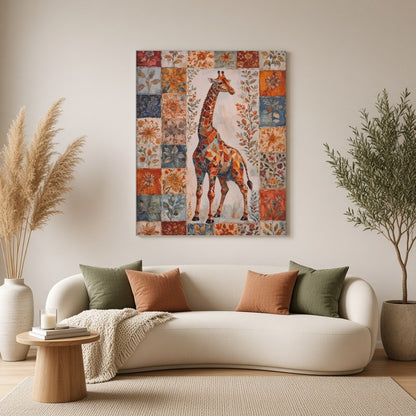 This captivating artwork features a majestic giraffe set against a vibrant backdrop of floral for Living Room