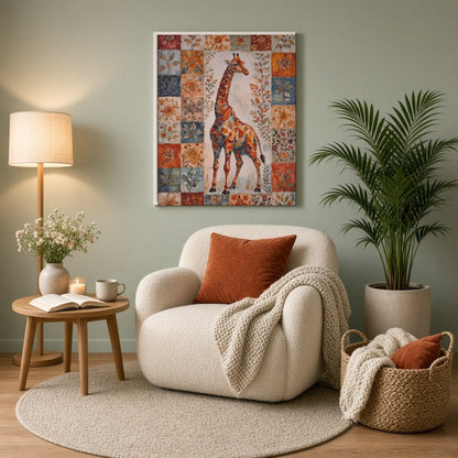 This captivating artwork features a majestic giraffe set against a vibrant backdrop of floral for Reading Nook